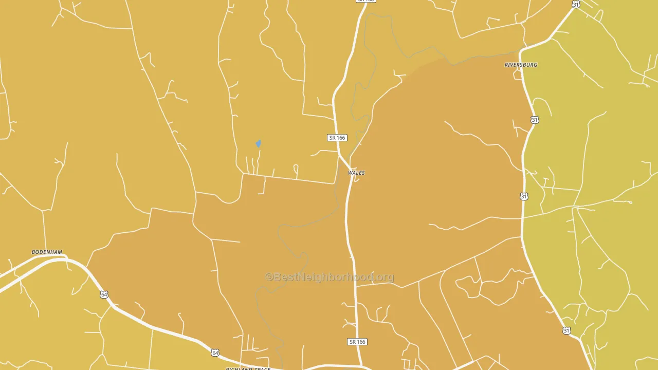Map of the best neighborhoods in the Wales area, with better matches in green and worse matches in red