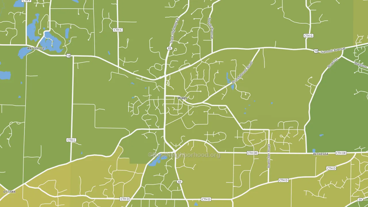 Map of the best neighborhoods in the Wales area, with better matches in green and worse matches in red
