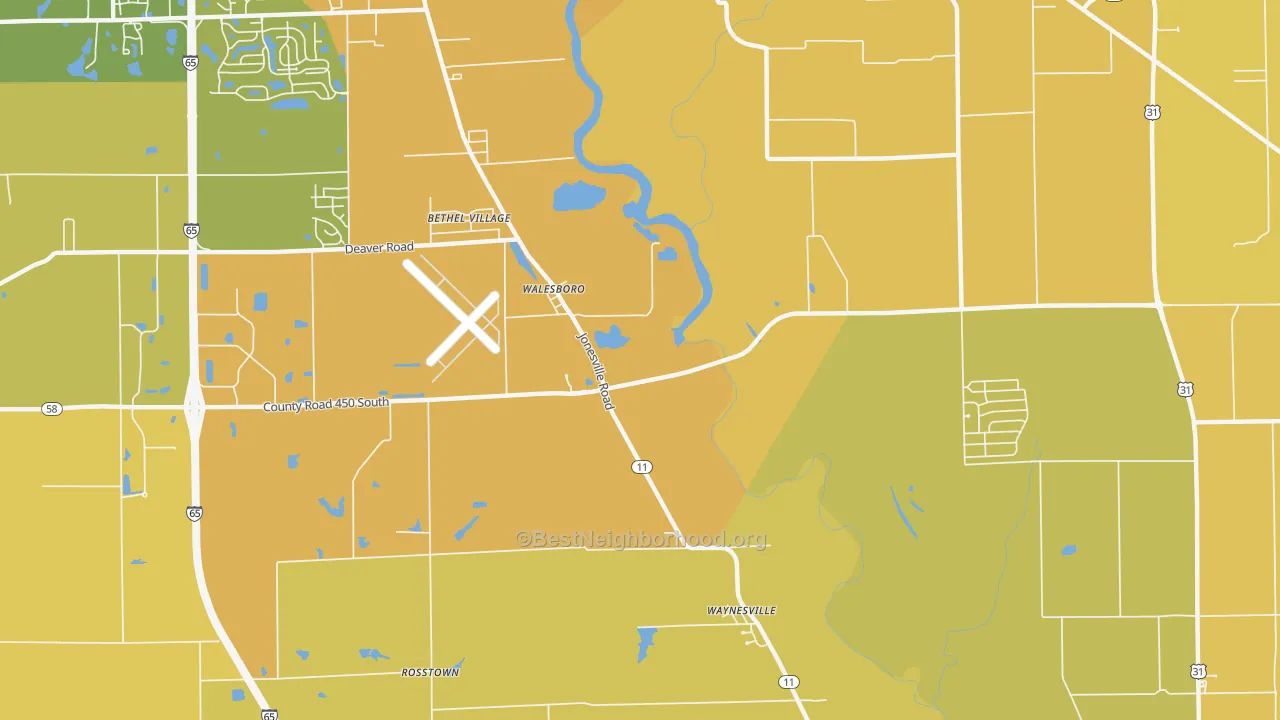 Map of the best neighborhoods in the Walesboro area, with better matches in green and worse matches in red
