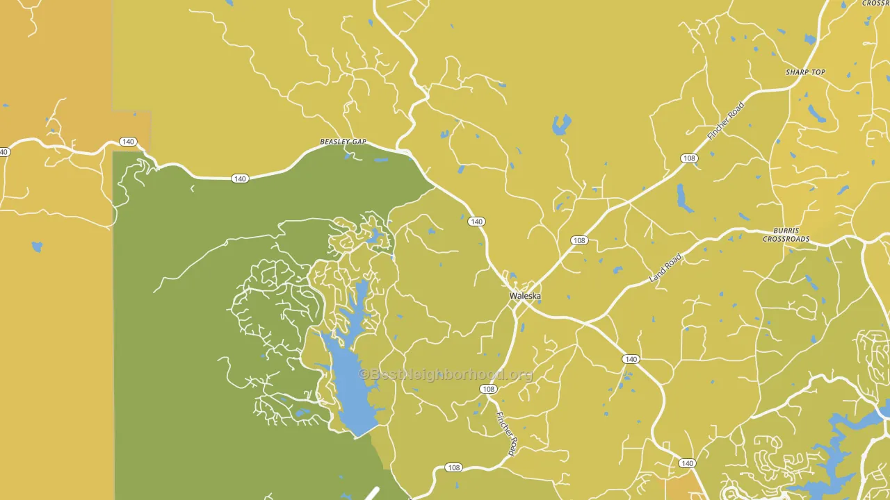 Map of the best neighborhoods in the Waleska area, with better matches in green and worse matches in red