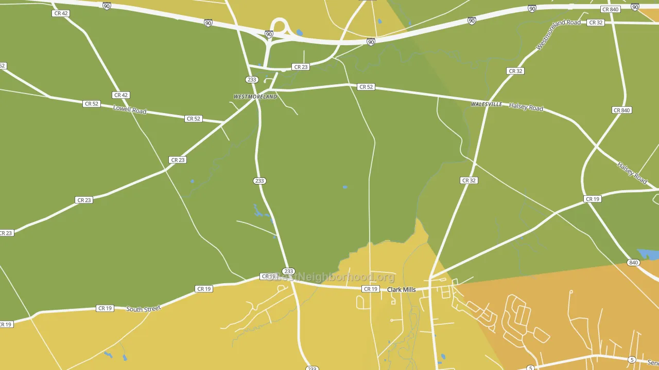 Map of the best neighborhoods in the Walesville area, with better matches in green and worse matches in red
