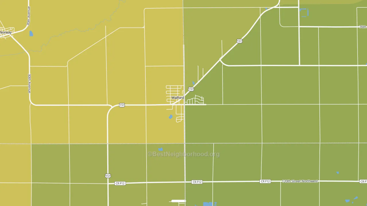 Map of the best neighborhoods in the Walford area, with better matches in green and worse matches in red
