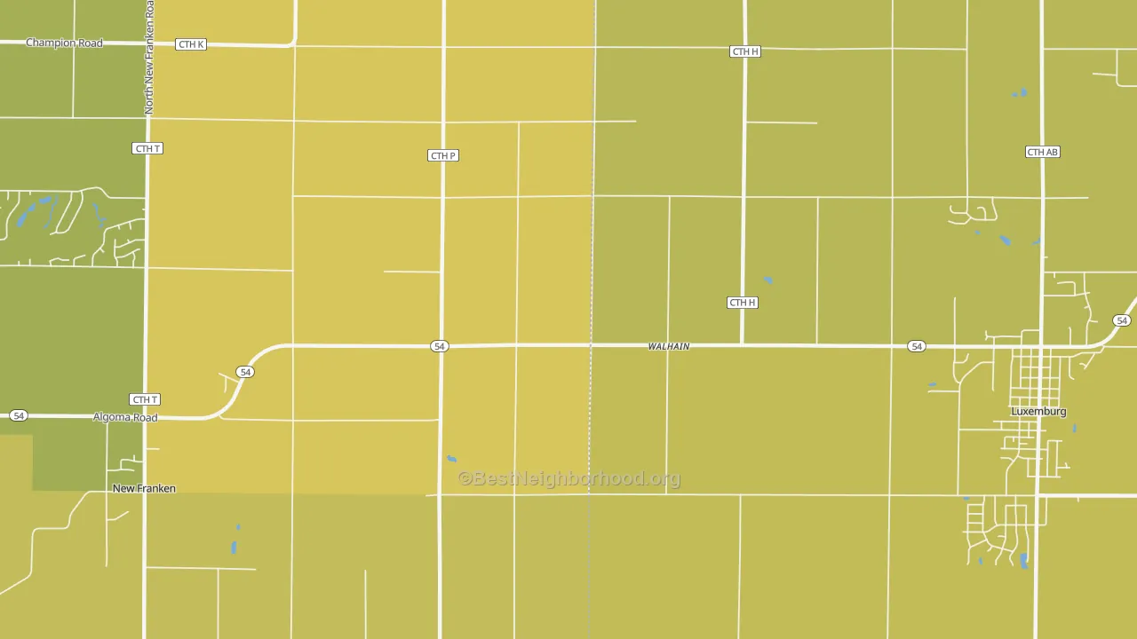 Map of the best neighborhoods in the Walhain area, with better matches in green and worse matches in red
