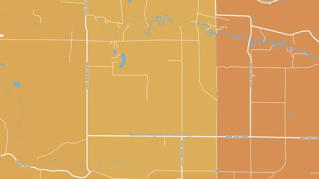 Map of the best neighborhoods in the Walhalla area, with better matches in green and worse matches in red
