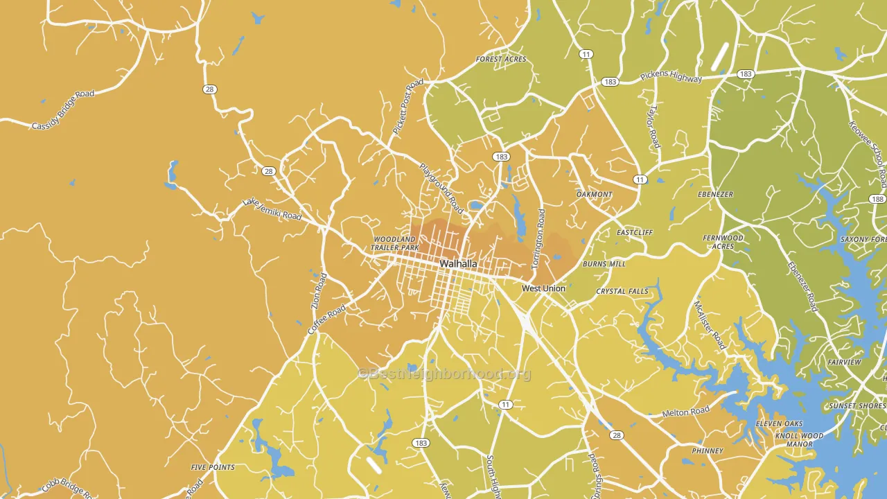 Map of the best neighborhoods in the Walhalla area, with better matches in green and worse matches in red