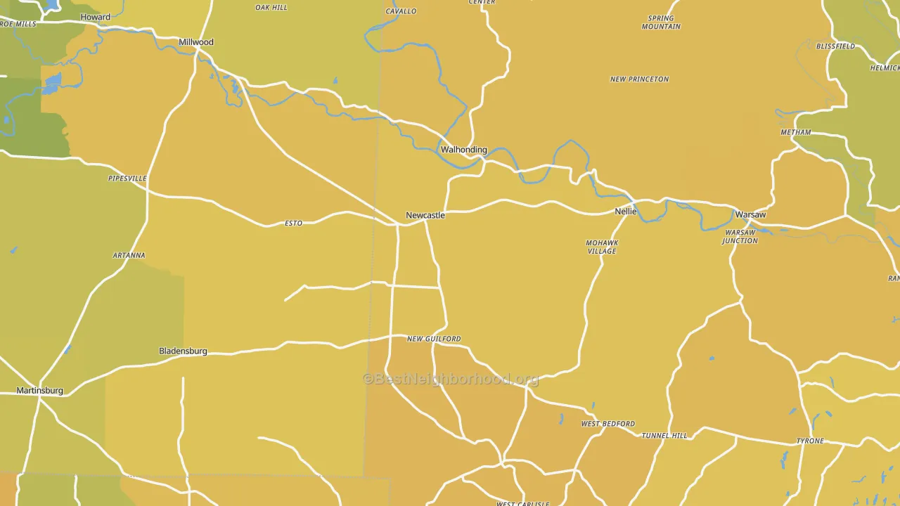 Map of the best neighborhoods in the Walhonding area, with better matches in green and worse matches in red