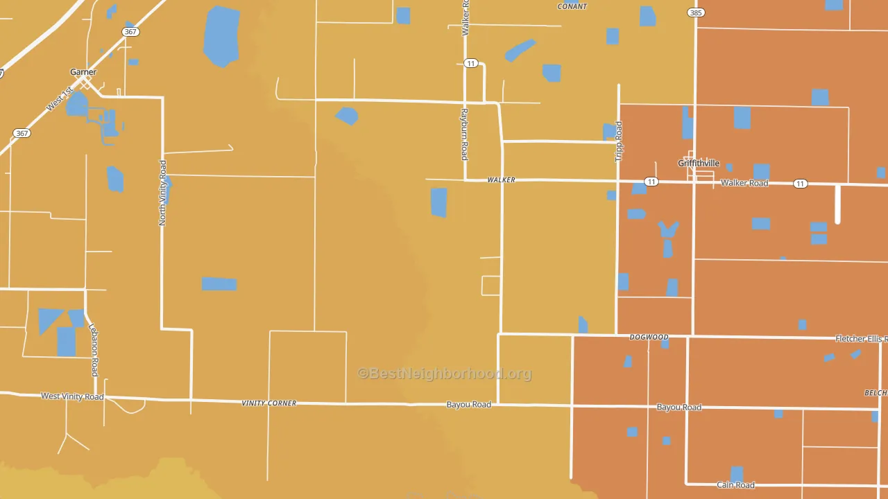 Map of the best neighborhoods in the Walker area, with better matches in green and worse matches in red