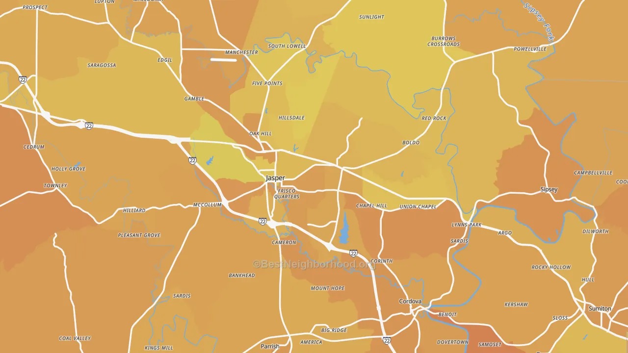 Map of the best neighborhoods in the Walker County area, with better matches in green and worse matches in red