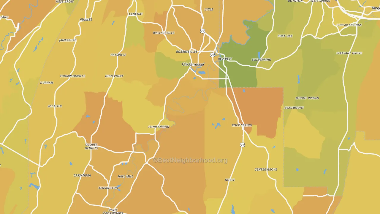 Map of the best neighborhoods in the Walker County area, with better matches in green and worse matches in red