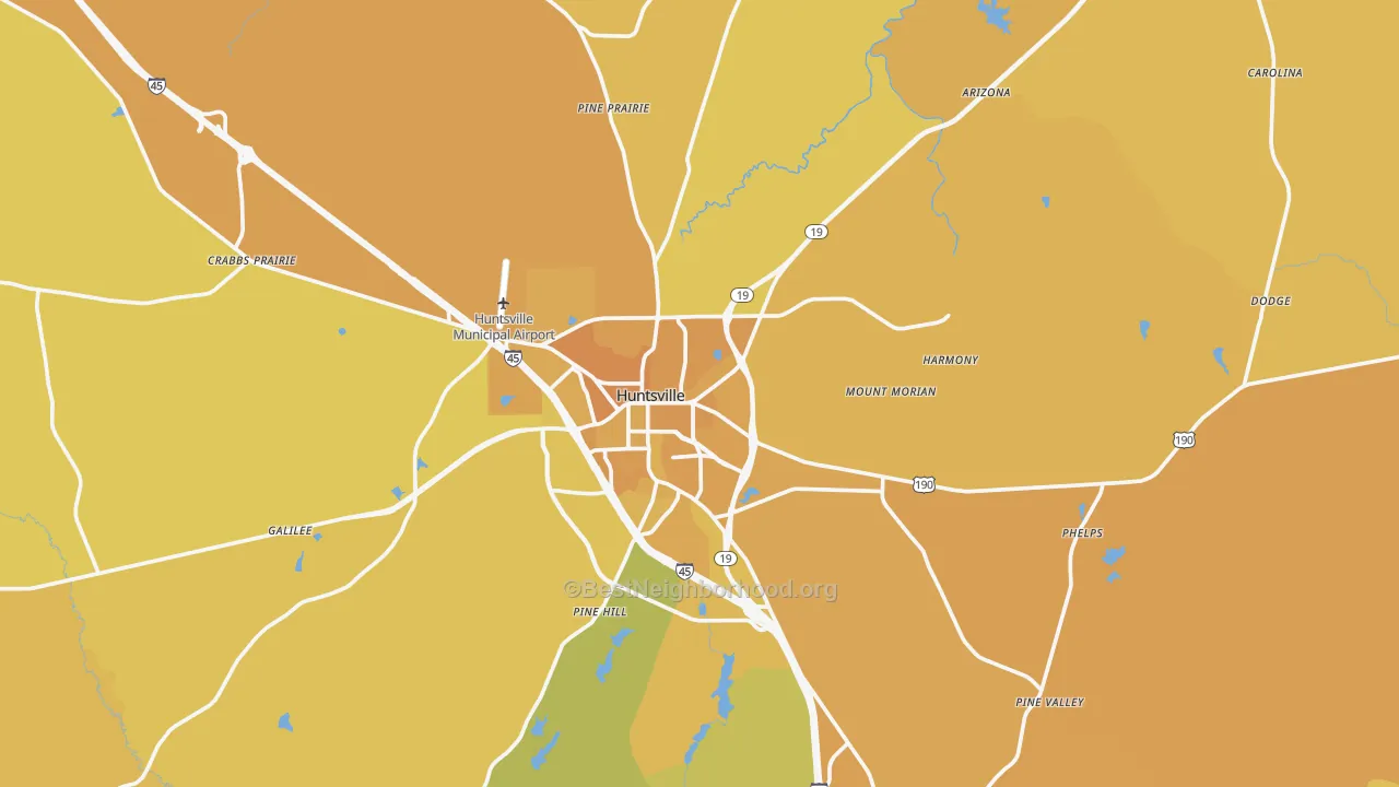 Map of the best neighborhoods in the Walker County area, with better matches in green and worse matches in red
