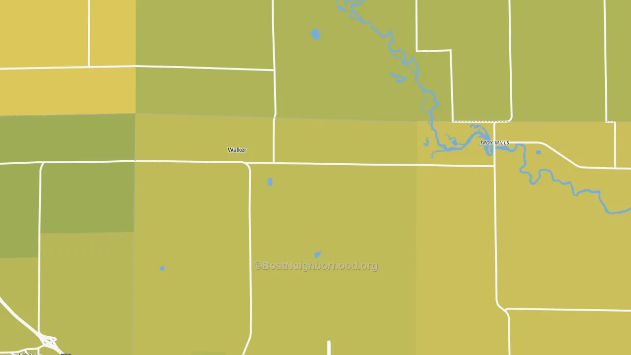 Map of the best neighborhoods in the Walker area, with better matches in green and worse matches in red