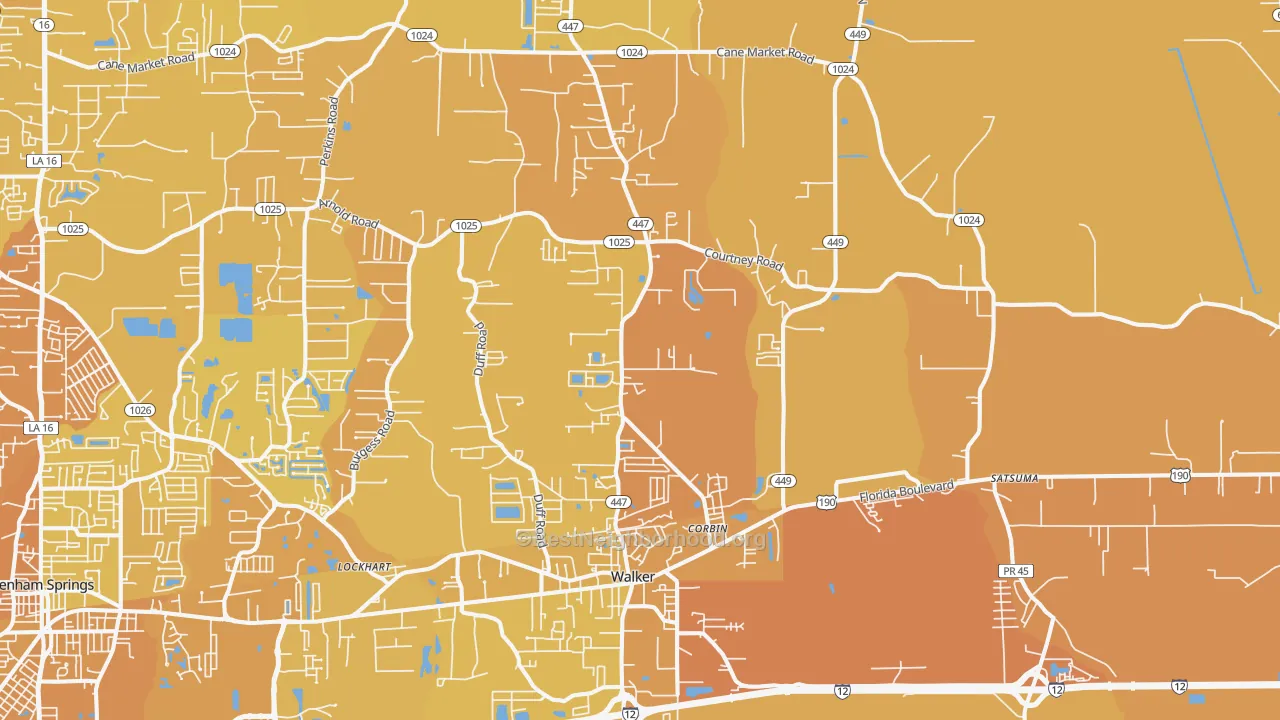 Map of the best neighborhoods in the Walker area, with better matches in green and worse matches in red