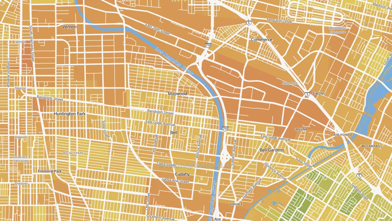 Map of the best neighborhoods in the Walker, Maywood area, with better matches in green and worse matches in red