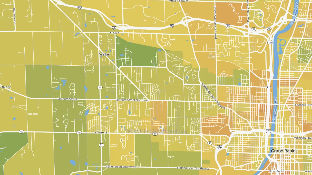 Map of the best neighborhoods in the Walker area, with better matches in green and worse matches in red