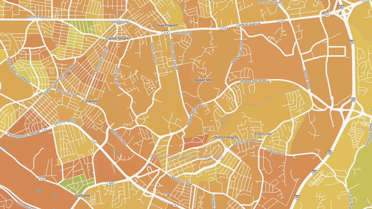 Map of the best neighborhoods in the Walker Mill, District Heights area, with better matches in green and worse matches in red