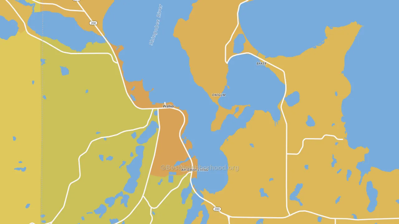 Map of the best neighborhoods in the Walker area, with better matches in green and worse matches in red