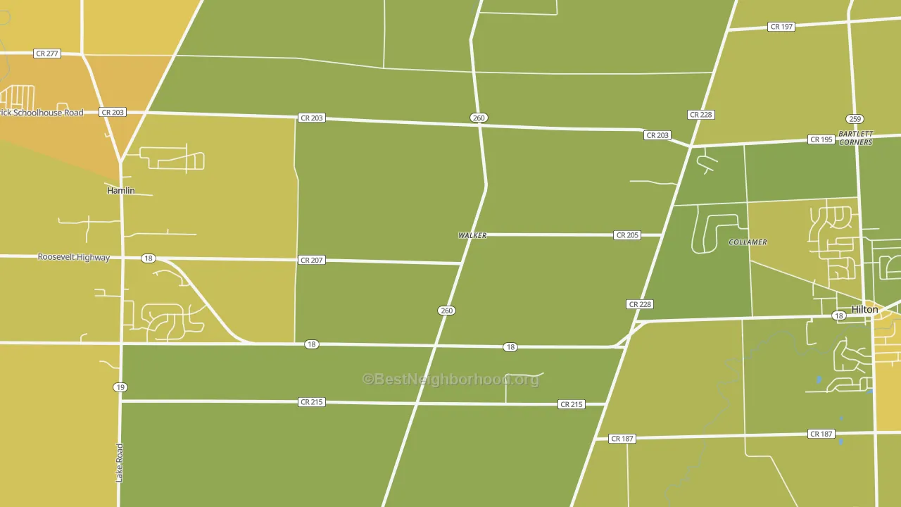 Map of the best neighborhoods in the Walker area, with better matches in green and worse matches in red