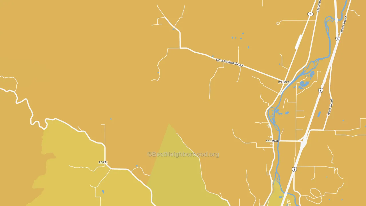 Map of the best neighborhoods in the Walker area, with better matches in green and worse matches in red