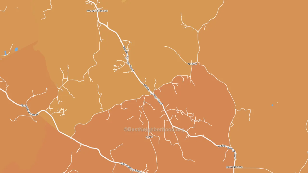 Map of the best neighborhoods in the Walker Springs area, with better matches in green and worse matches in red