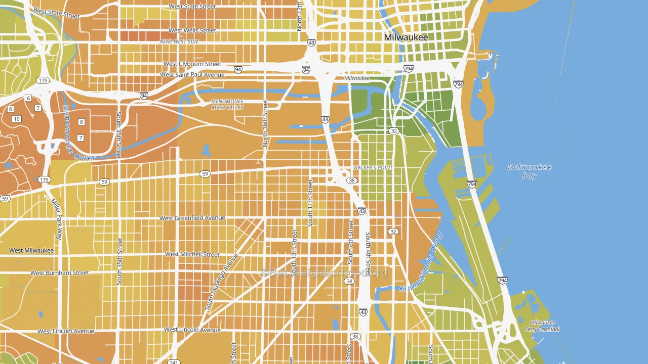 Map of the best neighborhoods in the Walker's Point, Milwaukee area, with better matches in green and worse matches in red