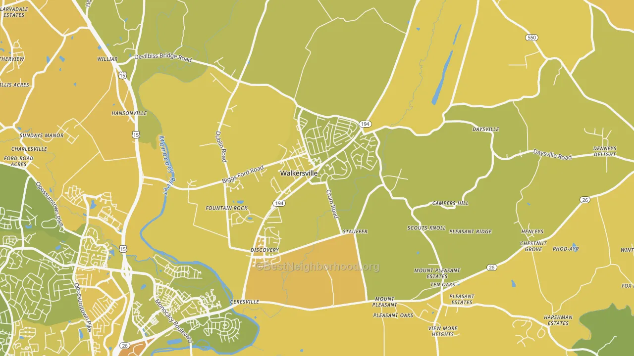Map of the best neighborhoods in the Walkersville area, with better matches in green and worse matches in red