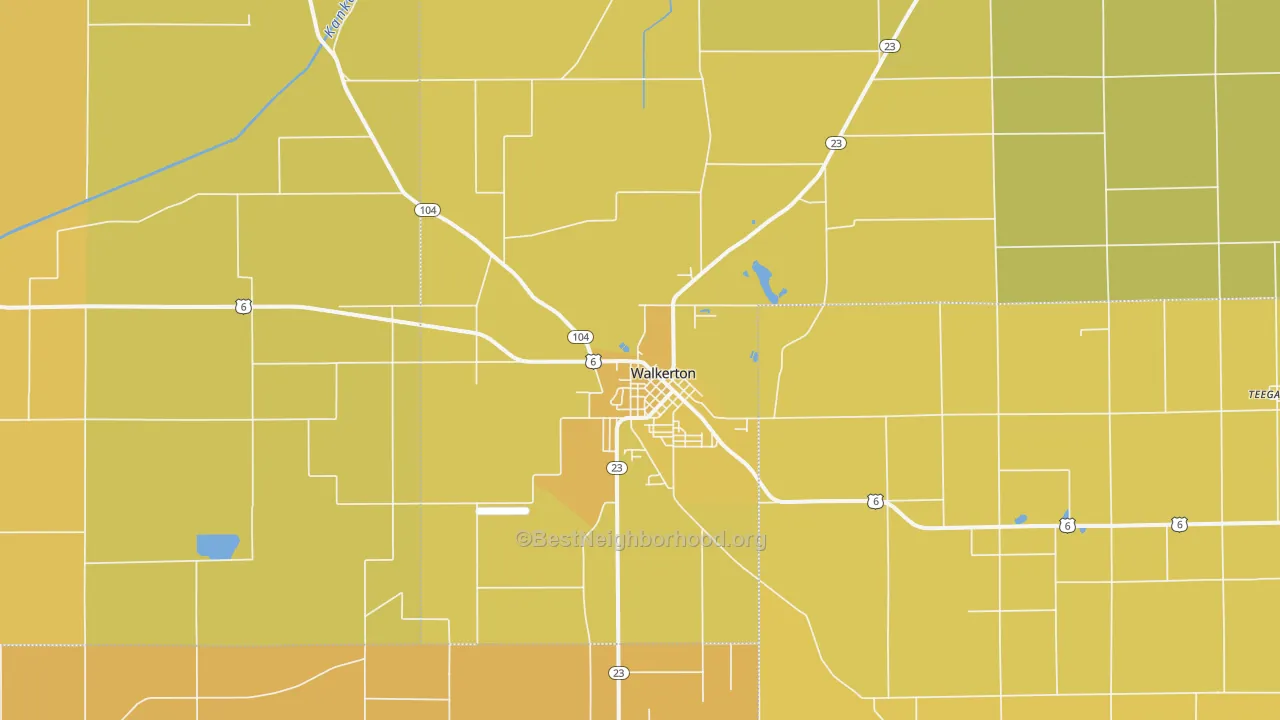 Map of the best neighborhoods in the Walkerton area, with better matches in green and worse matches in red