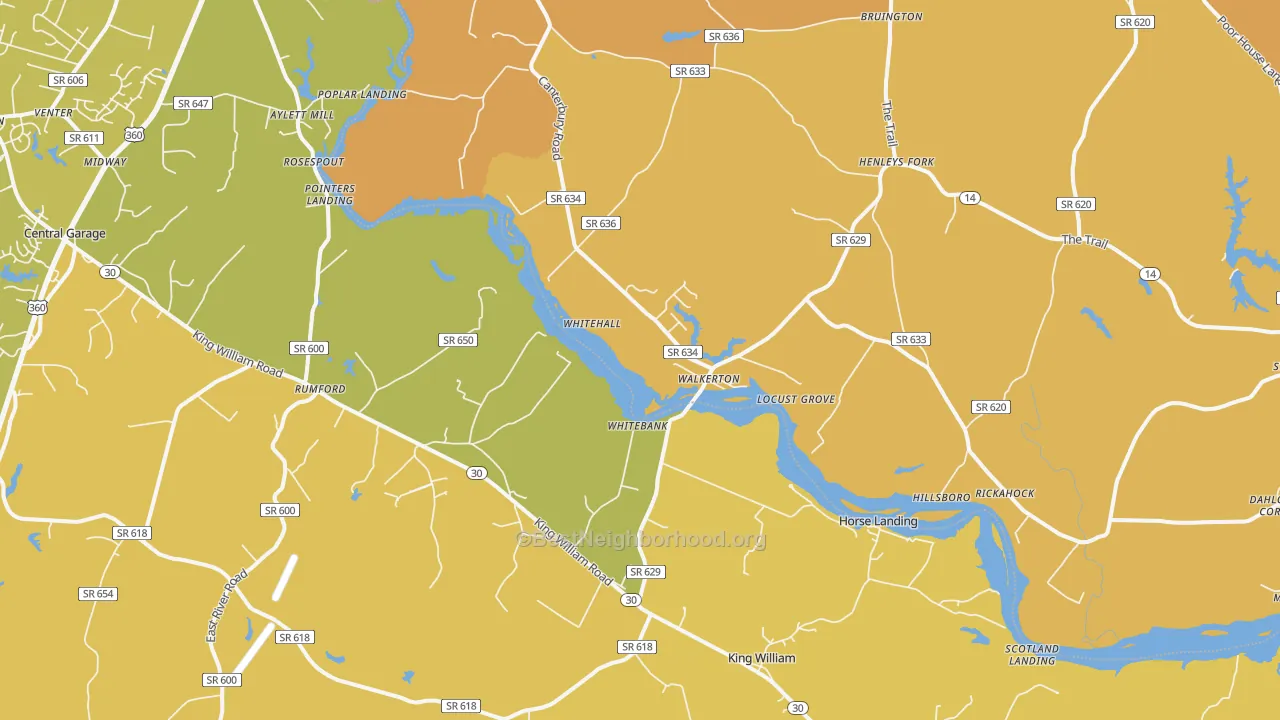 Map of the best neighborhoods in the Walkerton area, with better matches in green and worse matches in red