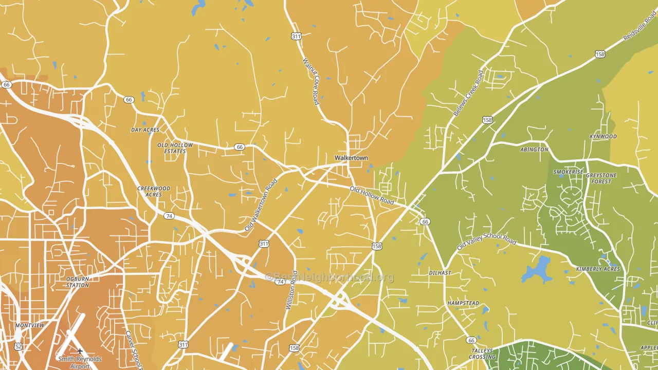 Map of the best neighborhoods in the Walkertown area, with better matches in green and worse matches in red