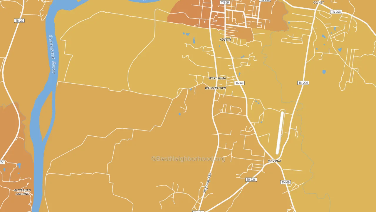 Map of the best neighborhoods in the Walkertown area, with better matches in green and worse matches in red