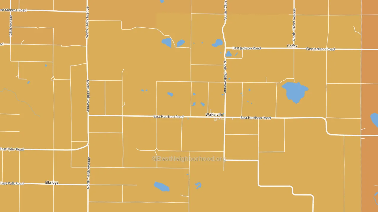 Map of the best neighborhoods in the Walkerville area, with better matches in green and worse matches in red