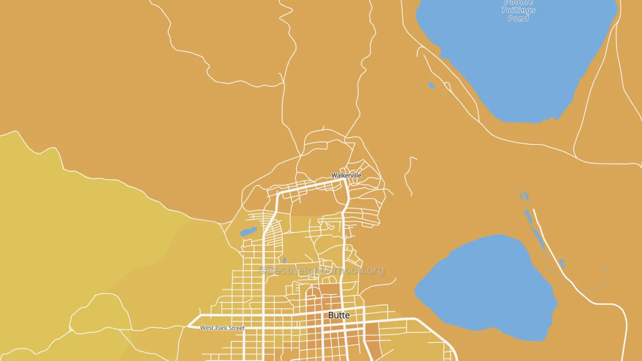 Map of the best neighborhoods in the Walkerville area, with better matches in green and worse matches in red