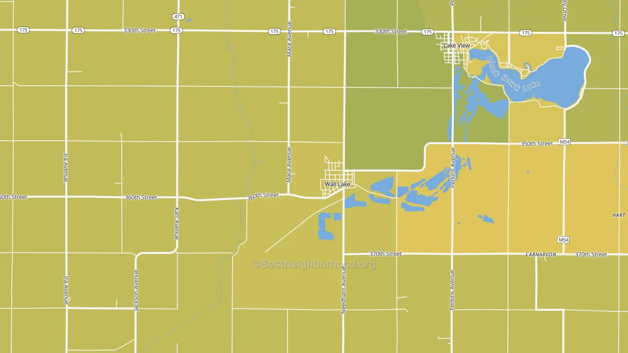 Map of the best neighborhoods in the Wall Lake area, with better matches in green and worse matches in red