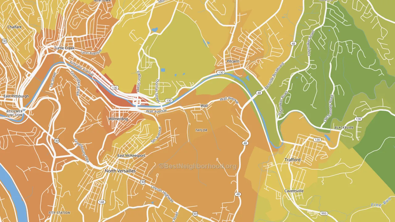 Map of the best neighborhoods in the Wall area, with better matches in green and worse matches in red