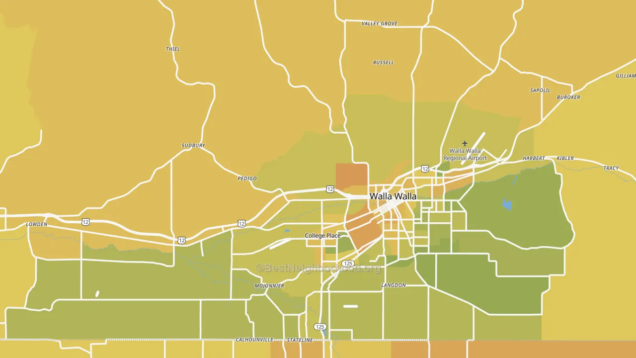 Map of the best neighborhoods in the Walla Walla County area, with better matches in green and worse matches in red