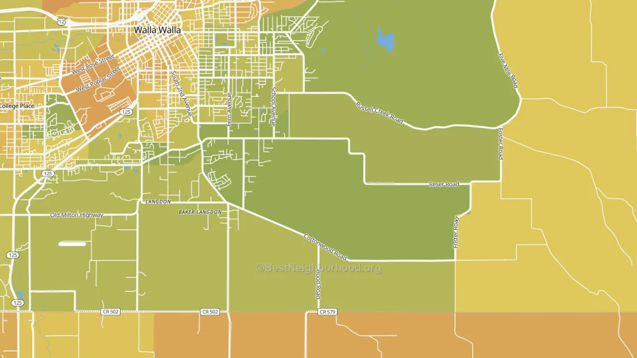 Map of the best neighborhoods in the Walla Walla East area, with better matches in green and worse matches in red