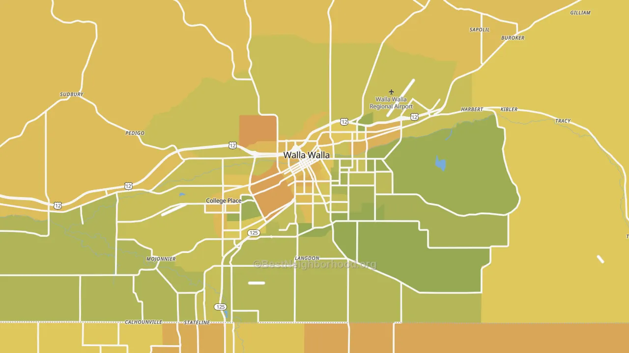 Map of the best neighborhoods in the Walla Walla Metro area, with better matches in green and worse matches in red