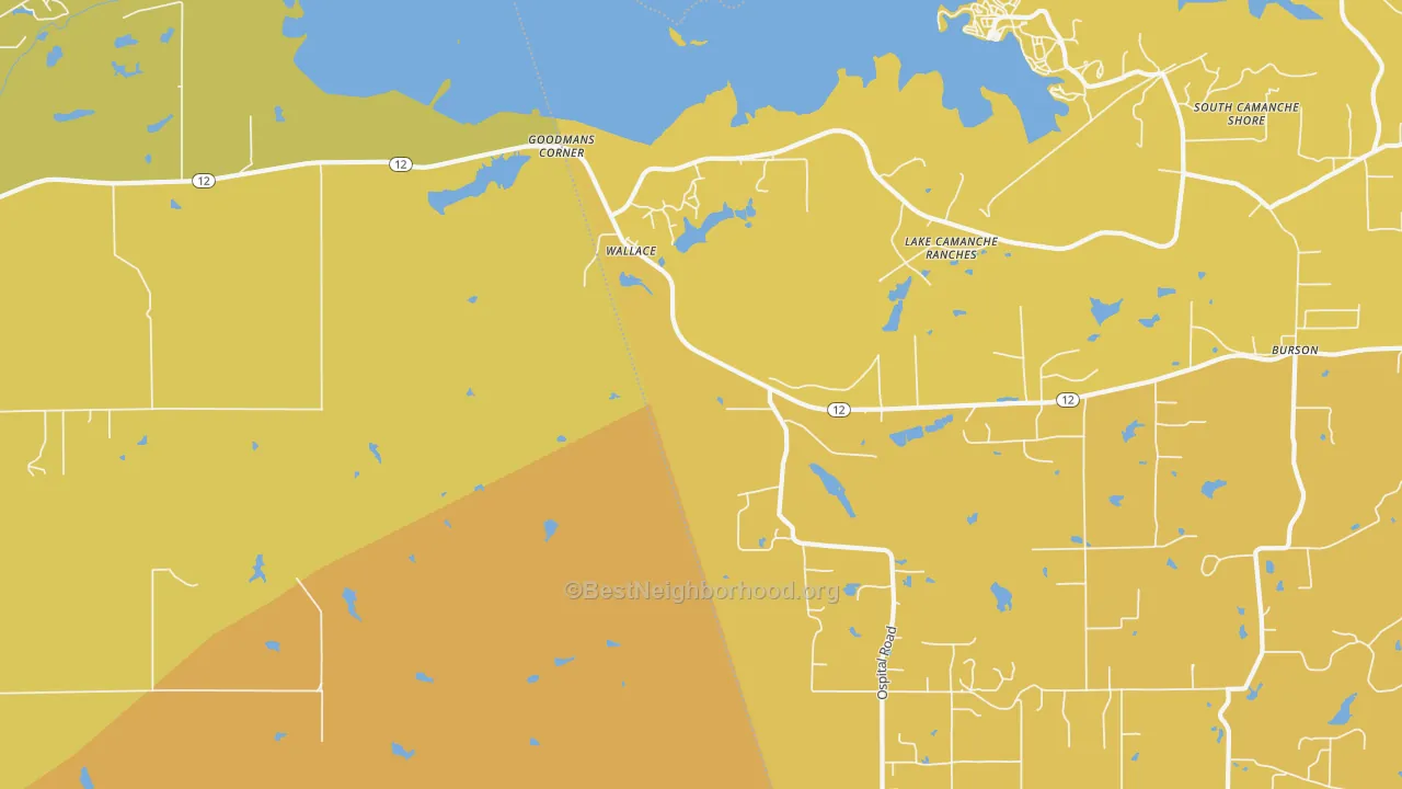 Map of the best neighborhoods in the Wallace area, with better matches in green and worse matches in red