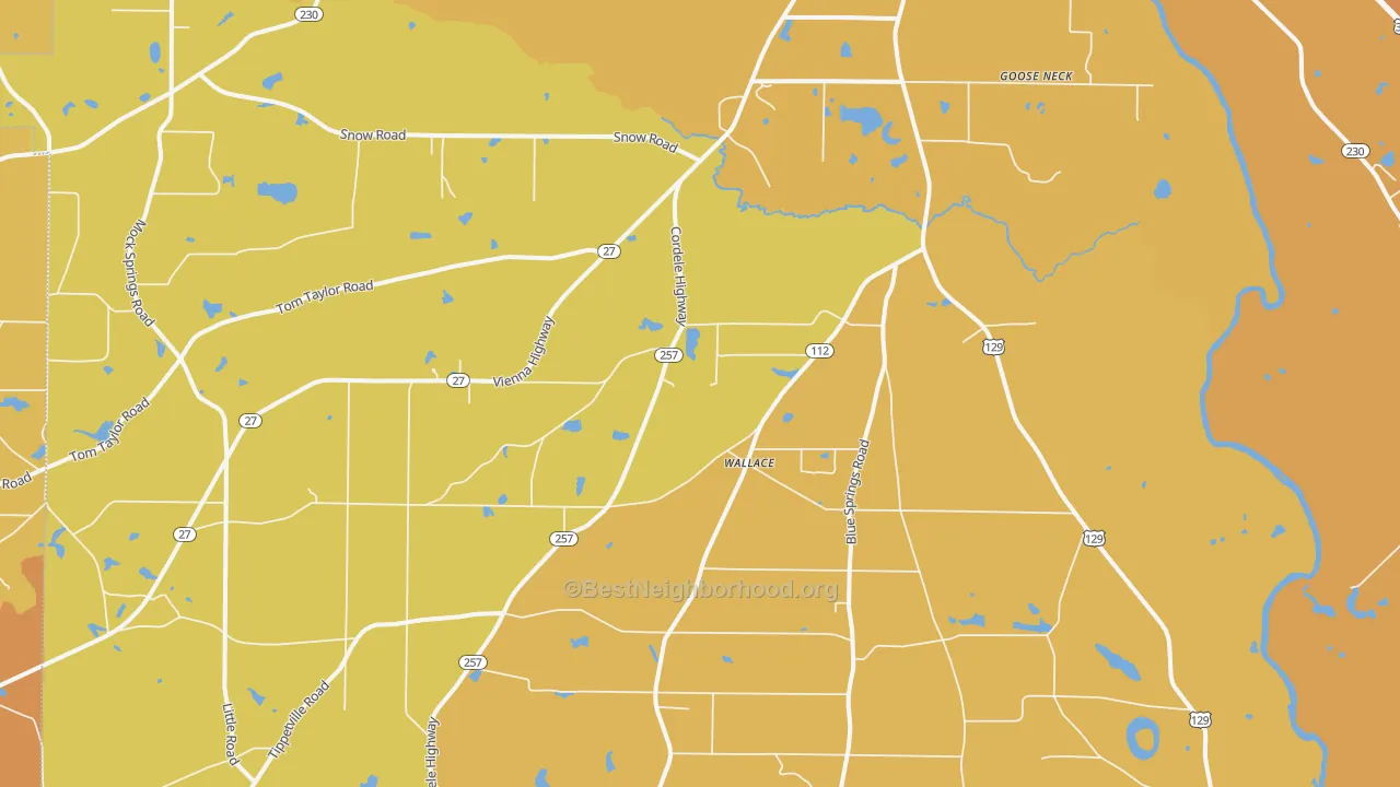 Map of the best neighborhoods in the Wallace area, with better matches in green and worse matches in red