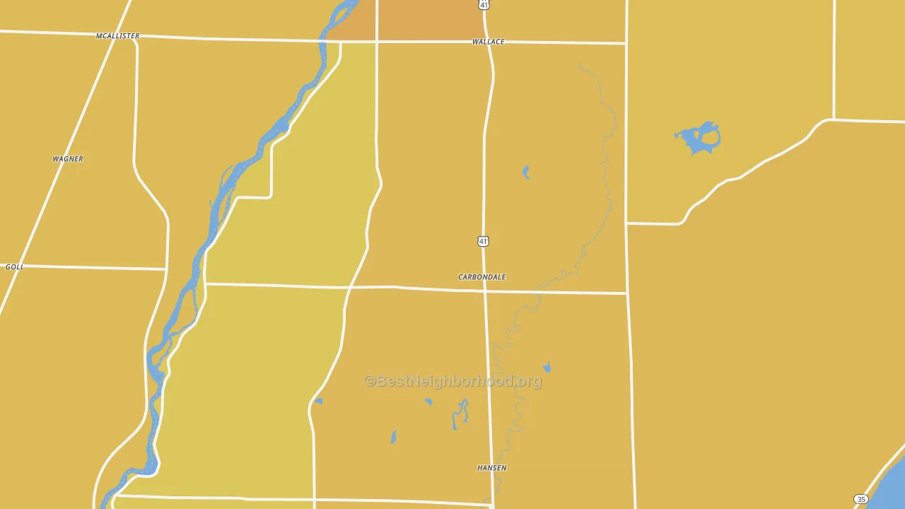 Map of the best neighborhoods in the Wallace area, with better matches in green and worse matches in red