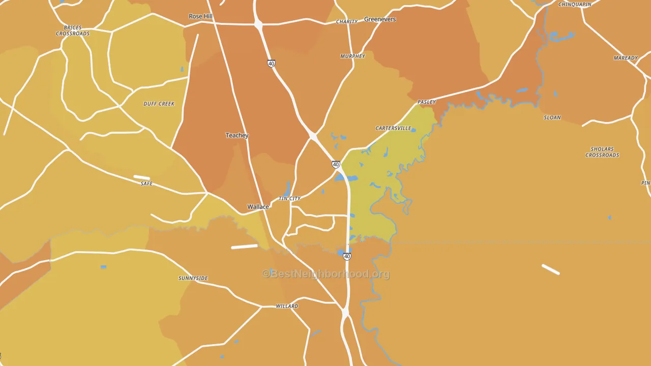 Map of the best neighborhoods in the Wallace area, with better matches in green and worse matches in red
