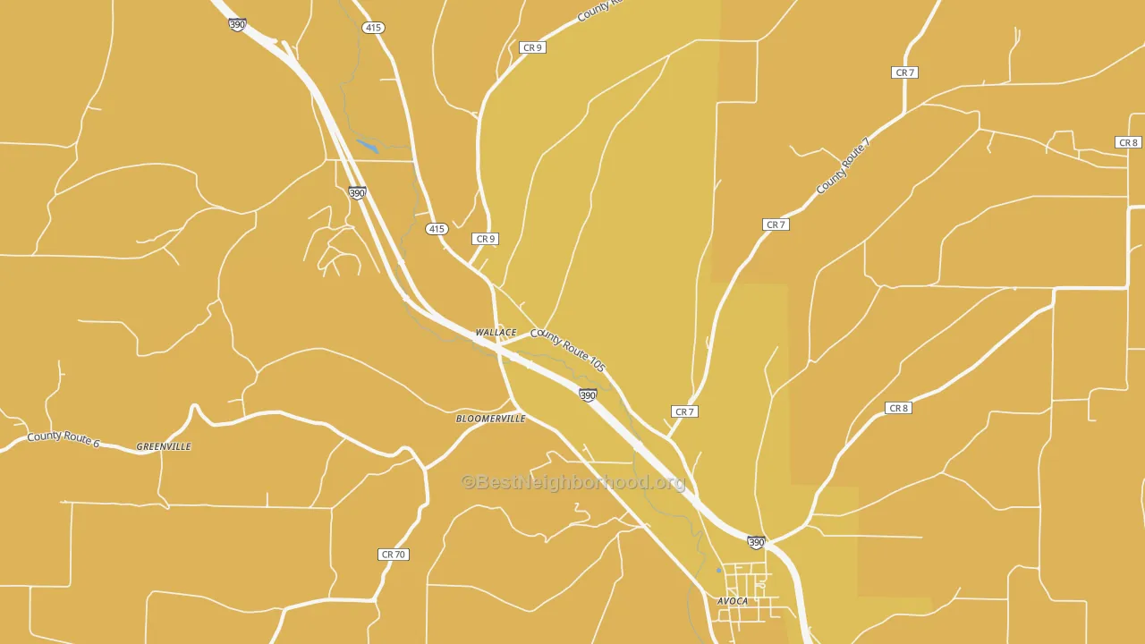 Map of the best neighborhoods in the Wallace area, with better matches in green and worse matches in red
