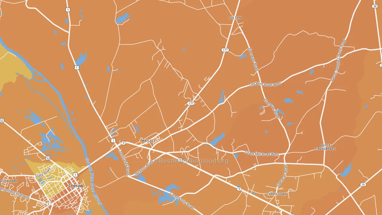 Map of the best neighborhoods in the Wallace area, with better matches in green and worse matches in red