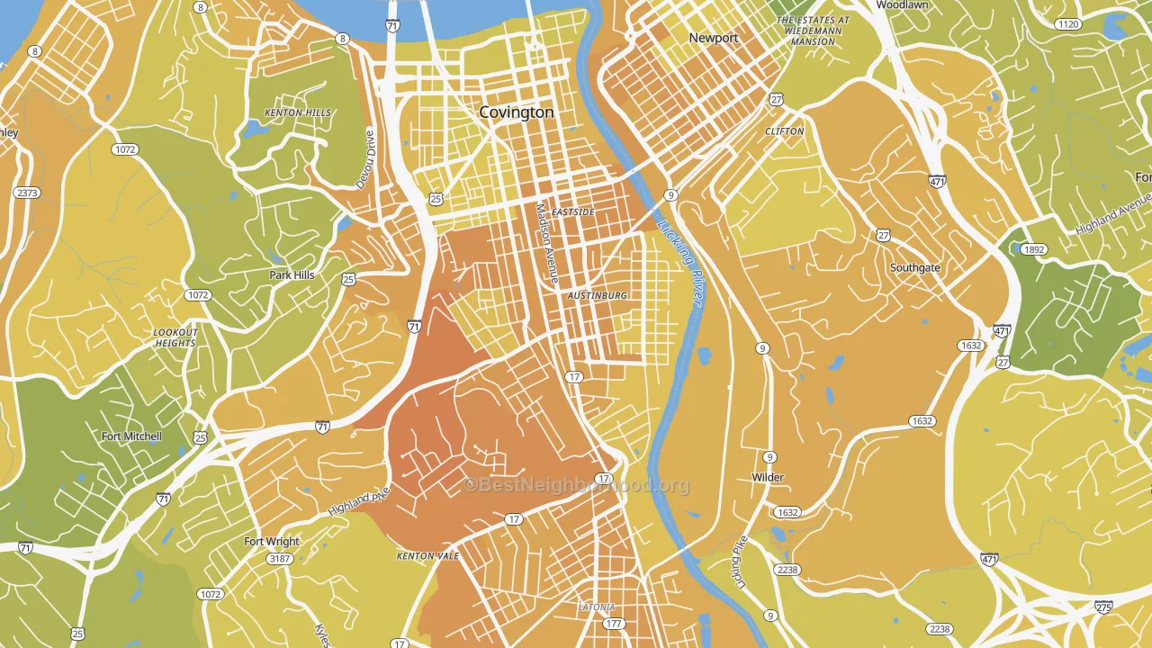 Map of the best neighborhoods in the Wallace Woods, Covington area, with better matches in green and worse matches in red