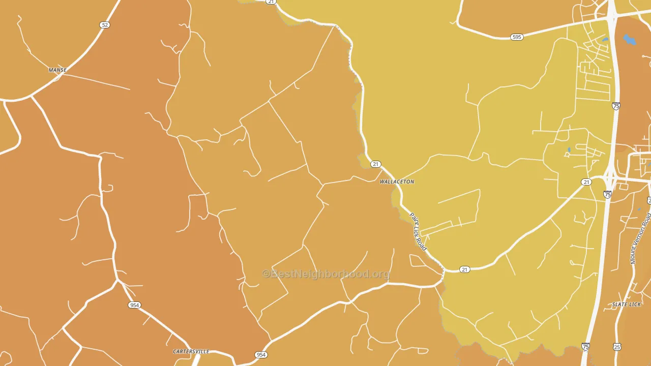Map of the best neighborhoods in the Wallaceton area, with better matches in green and worse matches in red