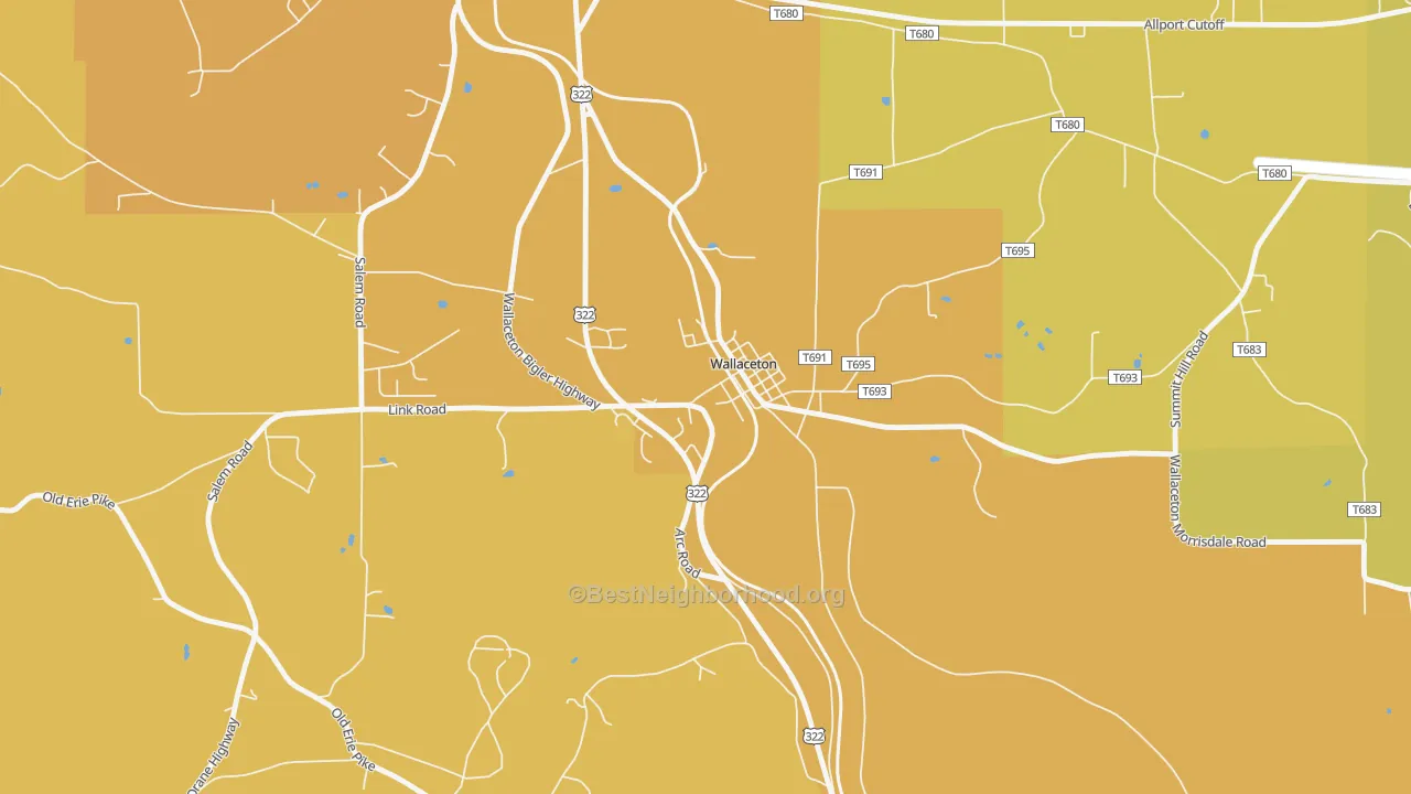 Map of the best neighborhoods in the Wallaceton area, with better matches in green and worse matches in red