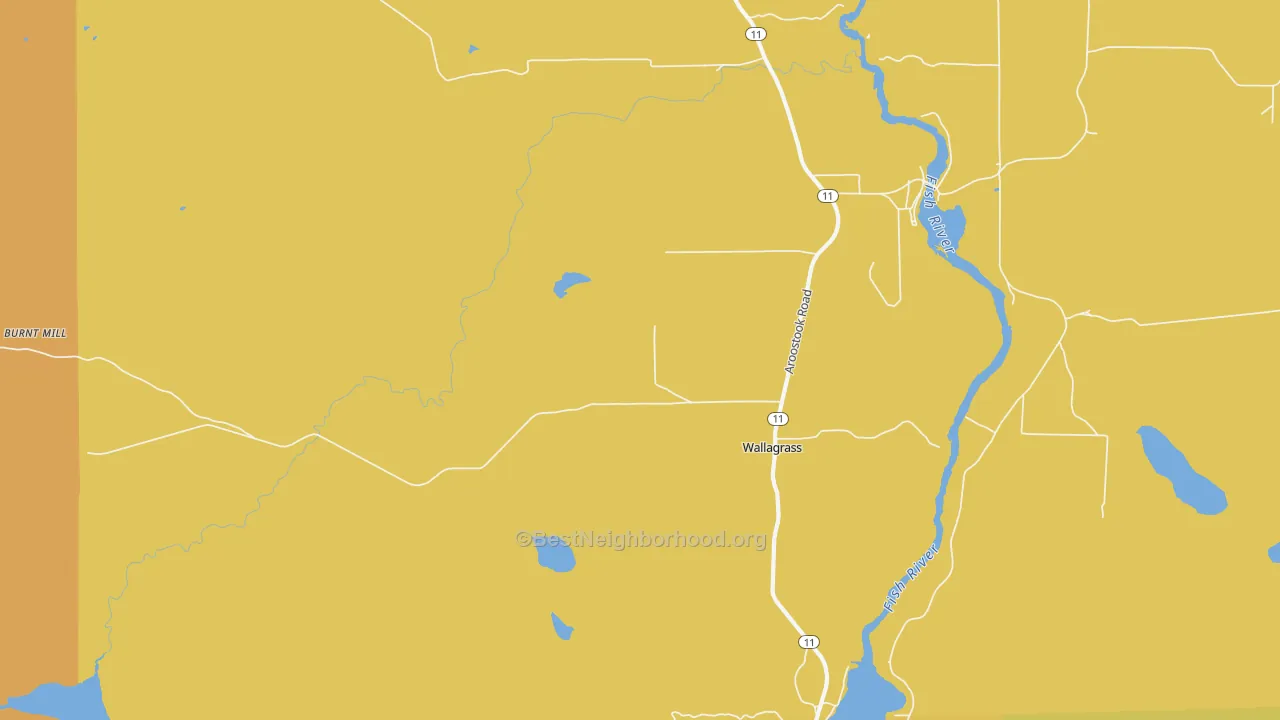 Map of the best neighborhoods in the Wallagrass area, with better matches in green and worse matches in red
