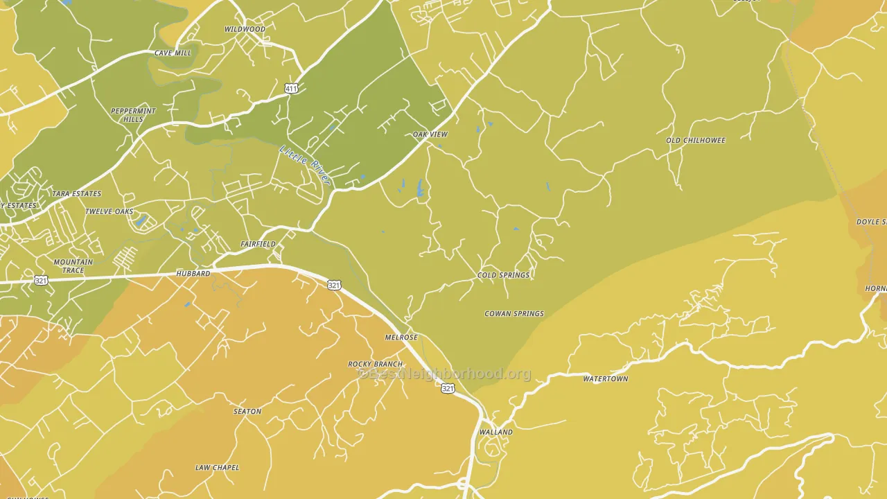 Map of the best neighborhoods in the Walland area, with better matches in green and worse matches in red