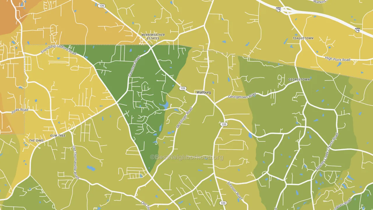 Map of the best neighborhoods in the Wallburg area, with better matches in green and worse matches in red