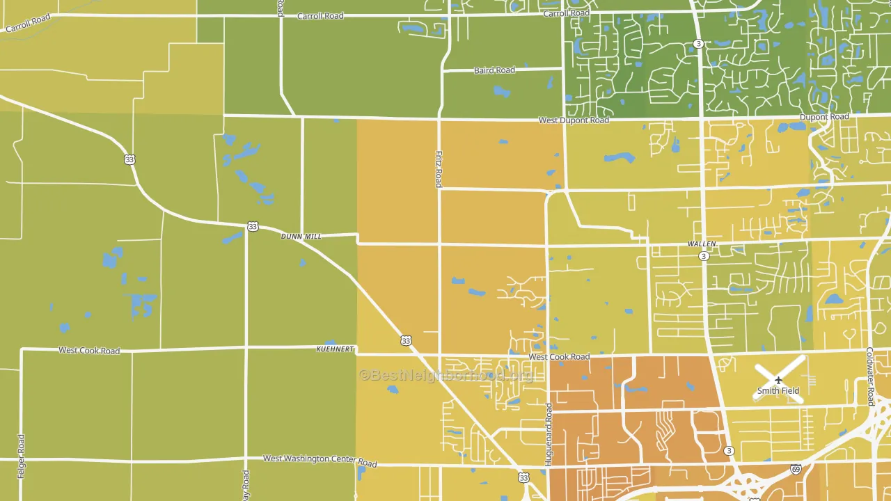 Map of the best neighborhoods in the Wallen area, with better matches in green and worse matches in red