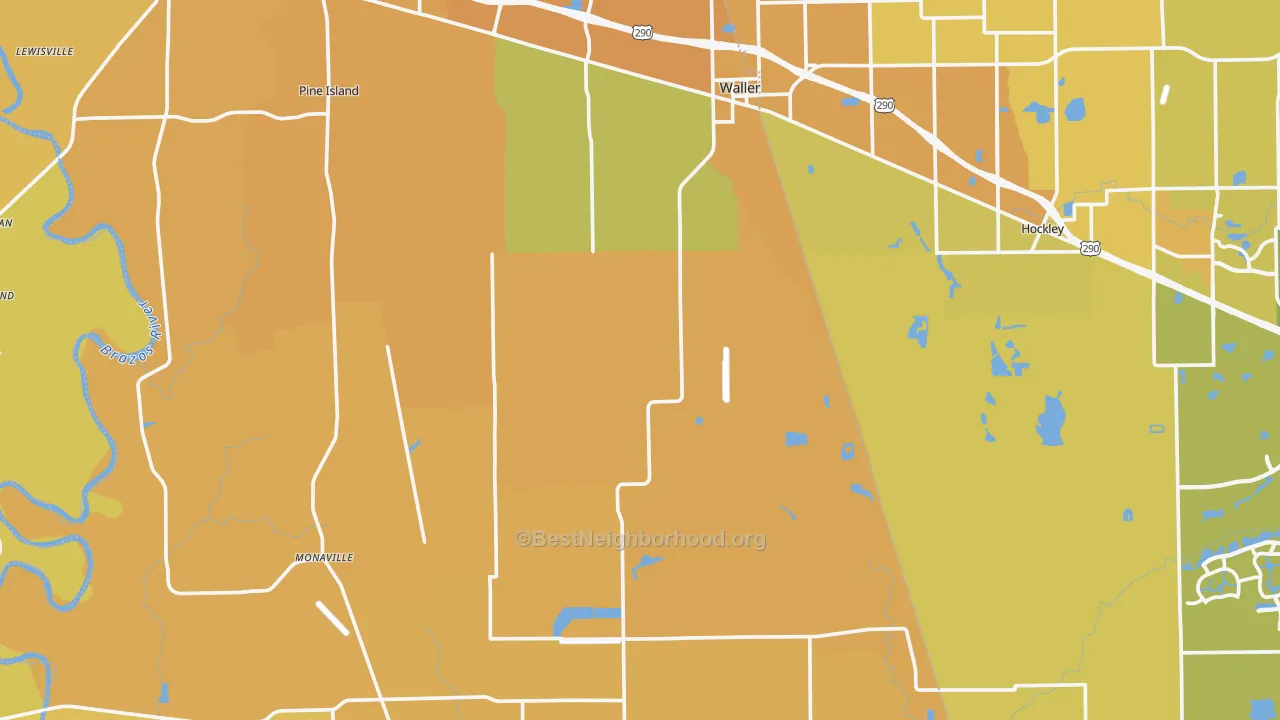 Map of the best neighborhoods in the Waller County area, with better matches in green and worse matches in red